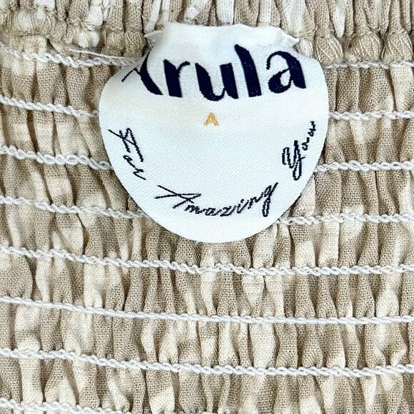 Arula Smocked Puff Sleeve Square Neck Tan Mini Dress - Picture 7 of 9